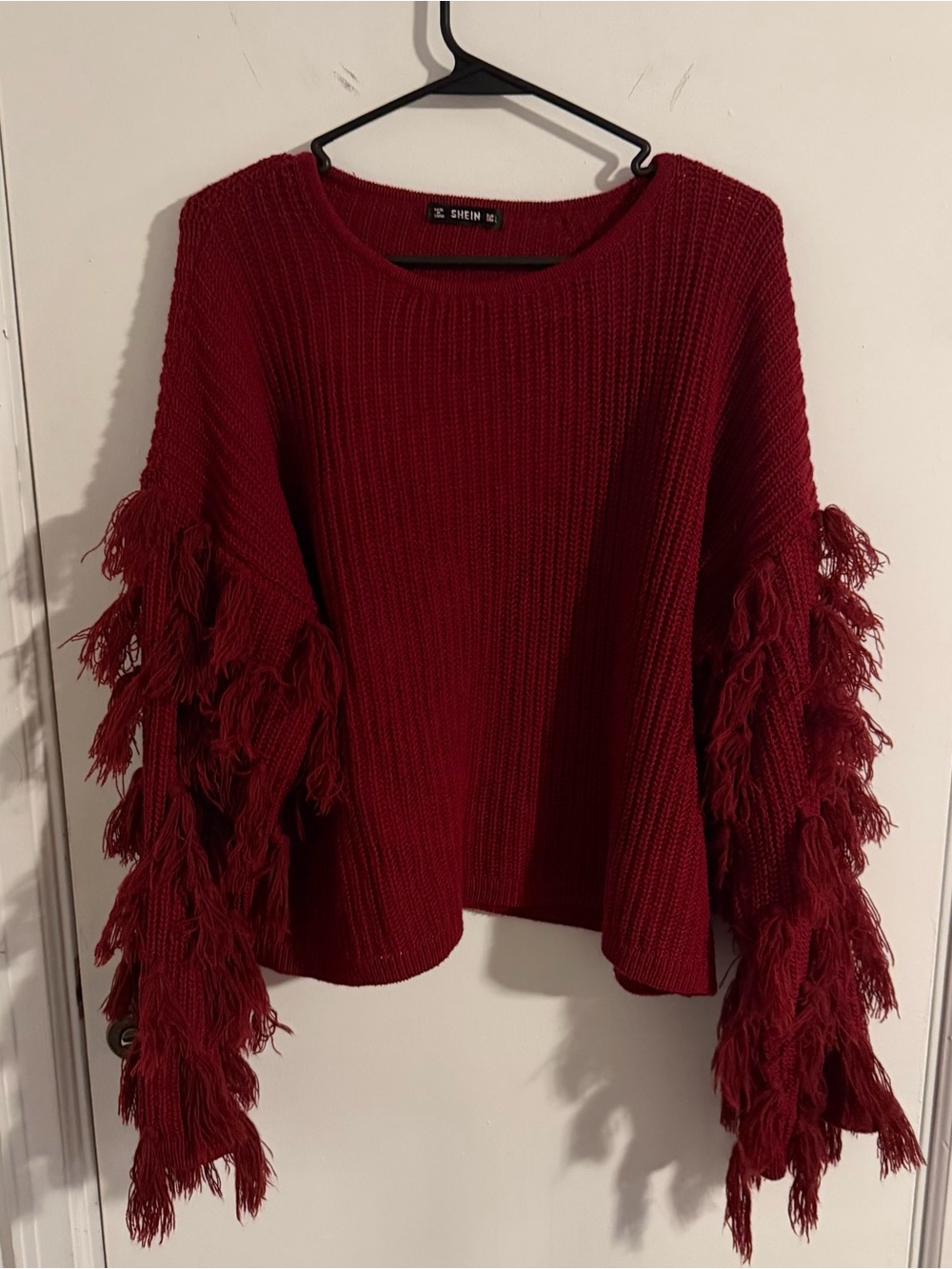 SHEIN Burgundy Fringe Sleeve Crew Neck Sweater